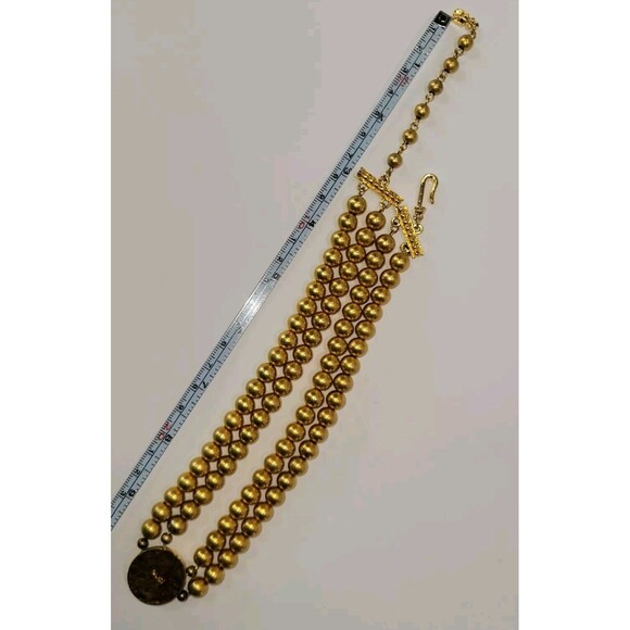 VTG LCI  Liz Claiborne 1980s Necklace Matte Gold Toned Beaded W/ Center Cabachon - Picture 9 of 9